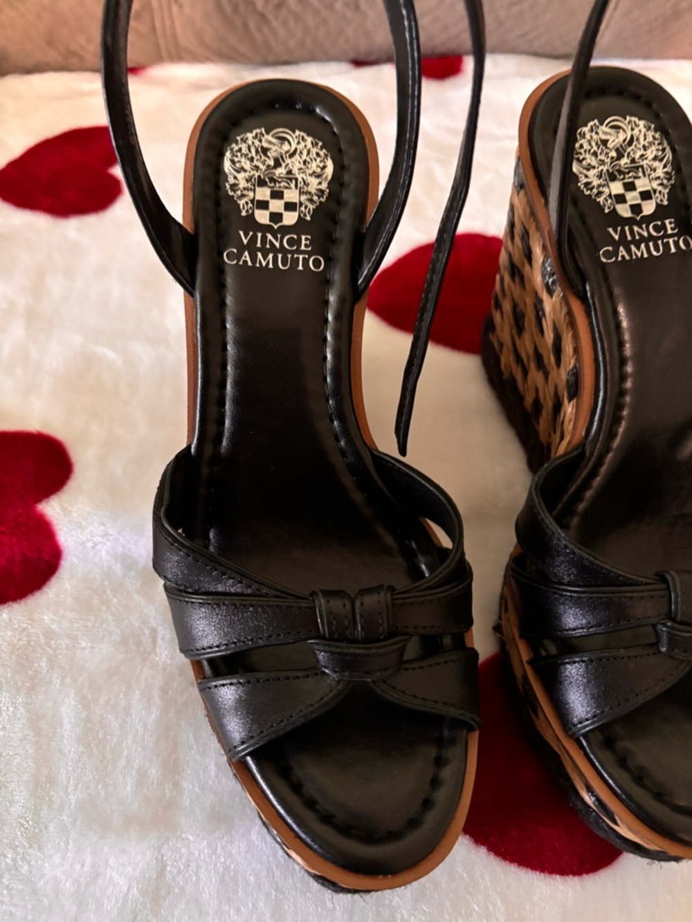 Vince Camuto Black Leather Wedge Sandals with Ankle Wrap - Picture 2 of 13